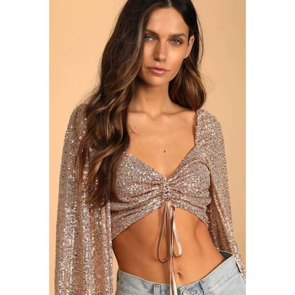 Lulus Glam Choice Champagne Sequin Long Sleeve Ruched Crop Top Gold - Size XS